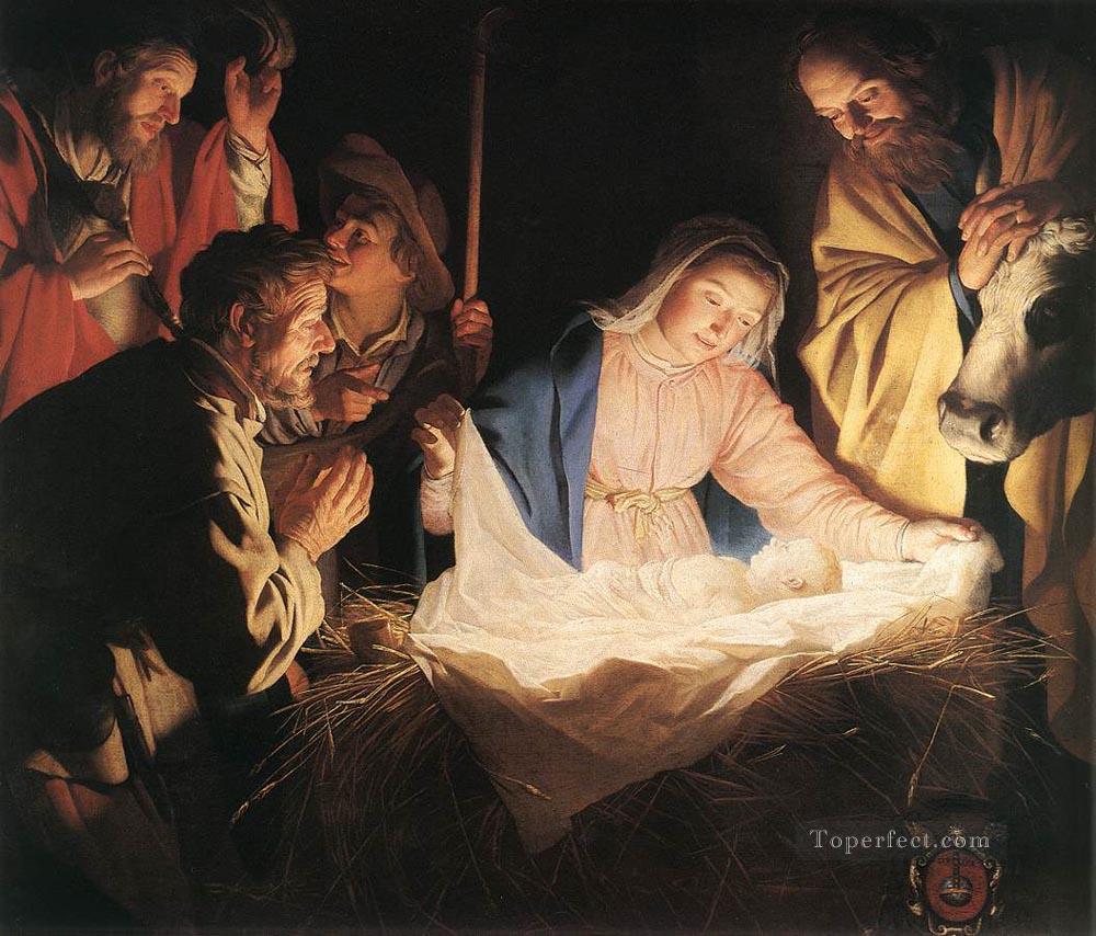 羊飼いの礼拝 夜のキャンドルライト ジェラルド・ファン・ホンホルスト油絵